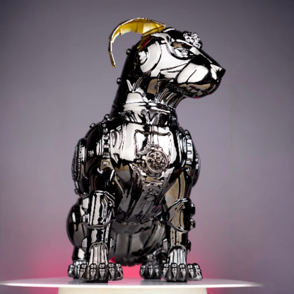 chrome black mechanical dog sculpture with gold accent ears