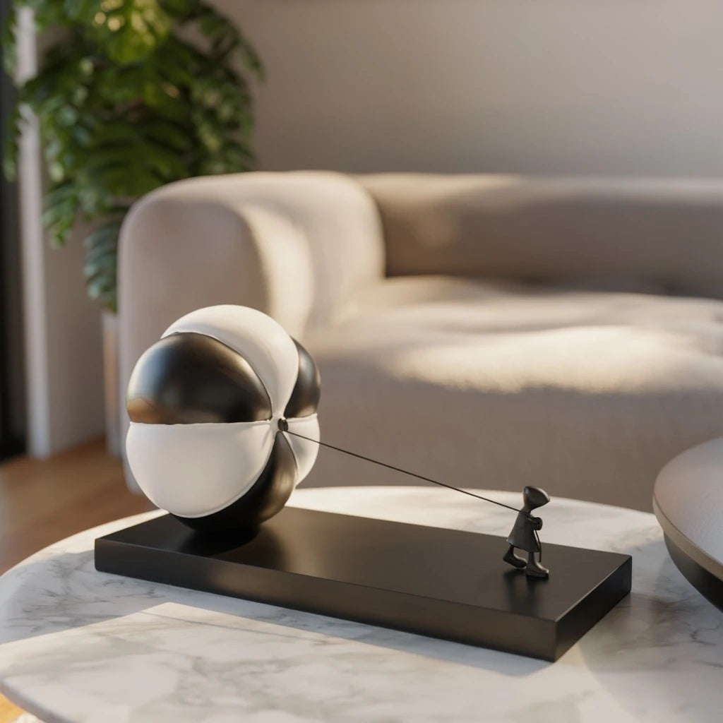 Triumph chrome orb close-up, marble lounge