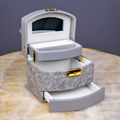 Pearl grey floral embossed jewelry box with mirror and drawer