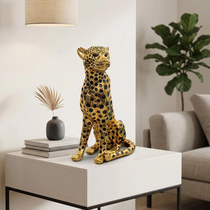 Golden Luxe Majestic Leopard figurine with black spotted detailing and gold electroplated finish