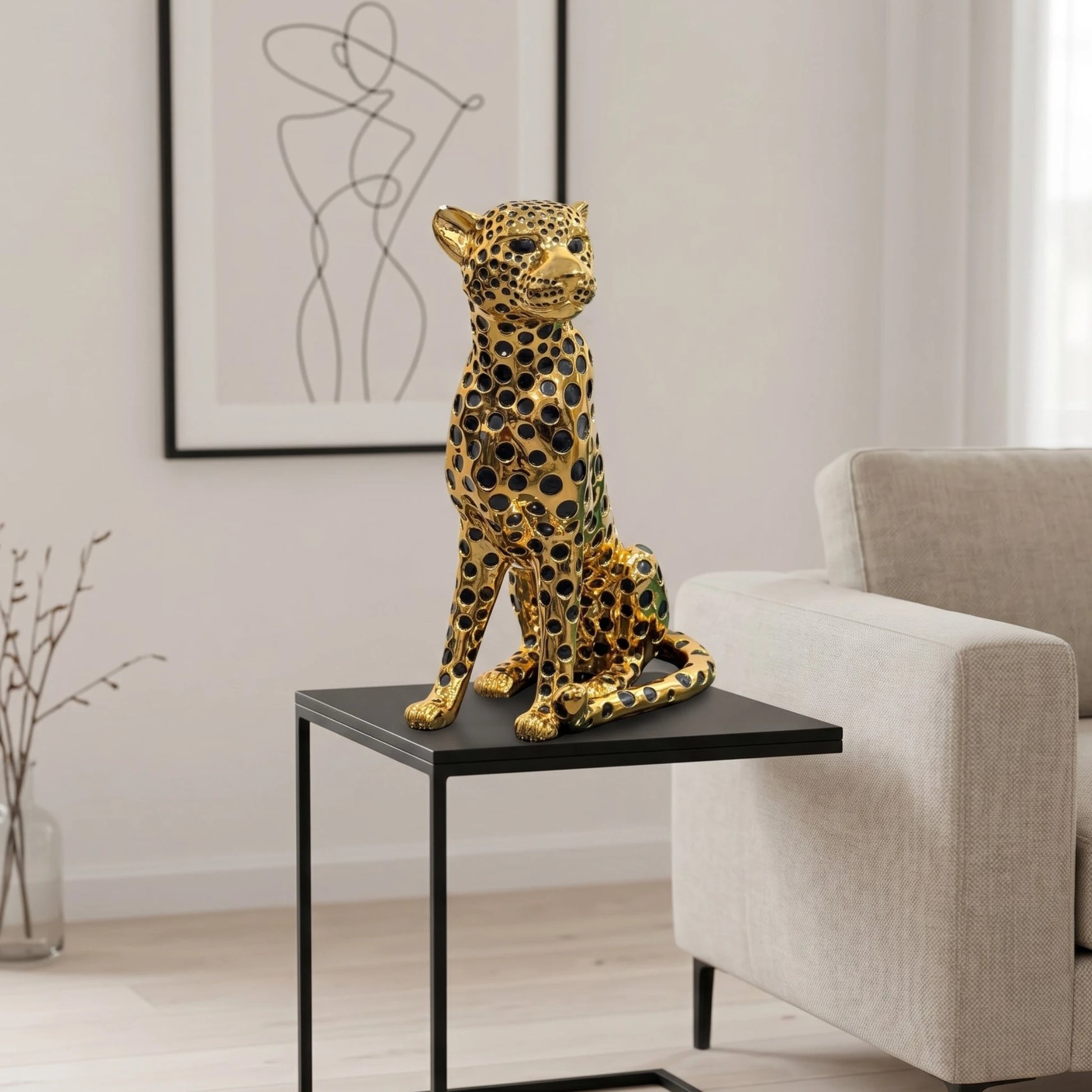 Golden Luxe Majestic Leopard figurine with black spotted detailing and gold electroplated finish