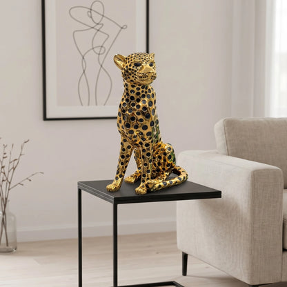 Golden Luxe Majestic Leopard figurine with black spotted detailing and gold electroplated finish