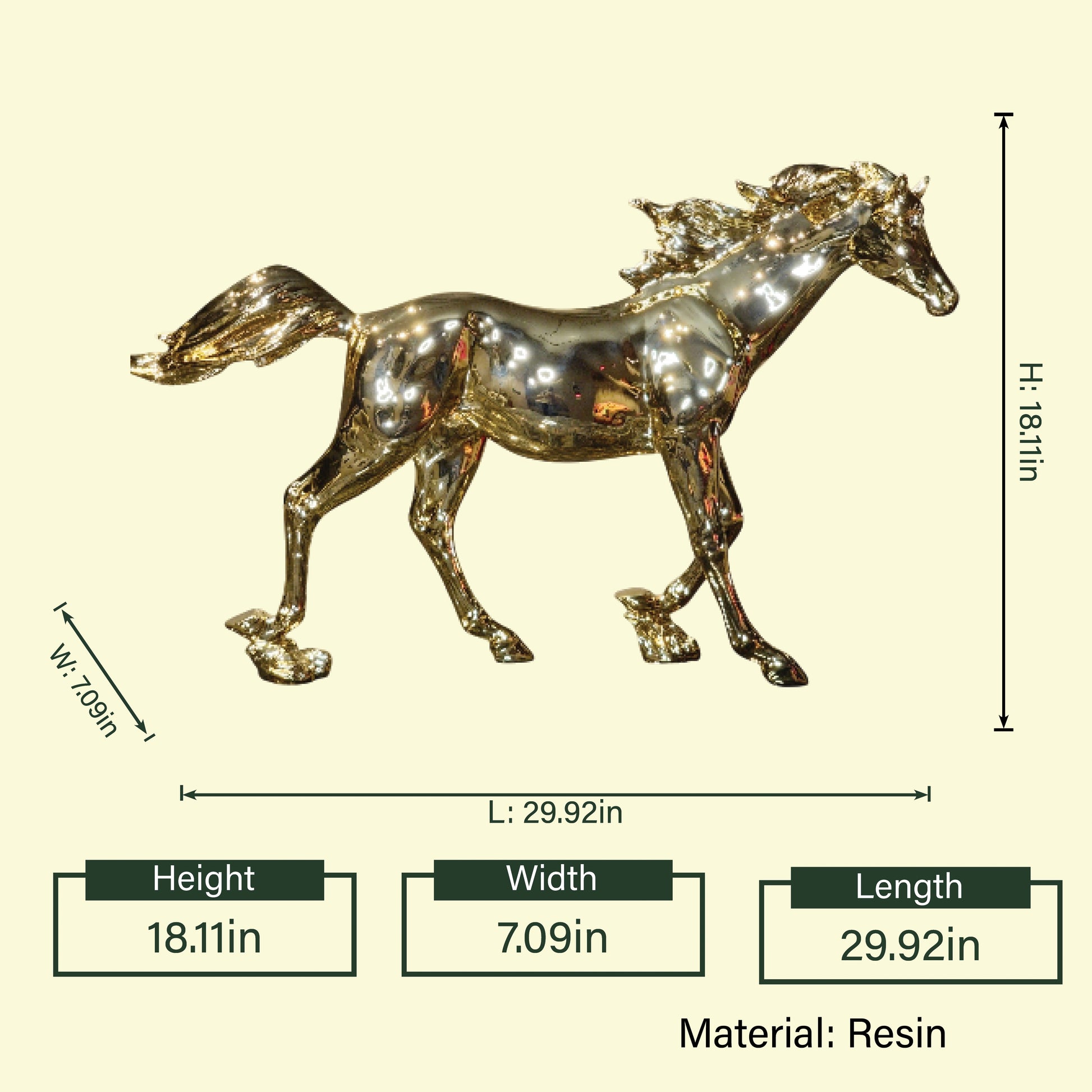 Gold galloping horse, side profile spec