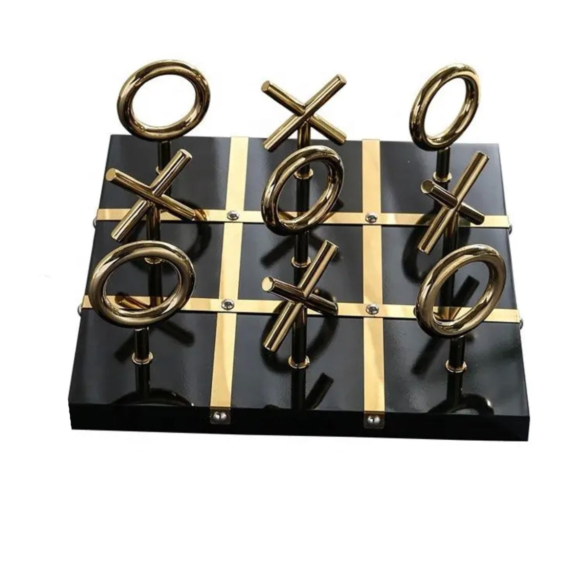Tic-tac-toe top angle, black board gold grid