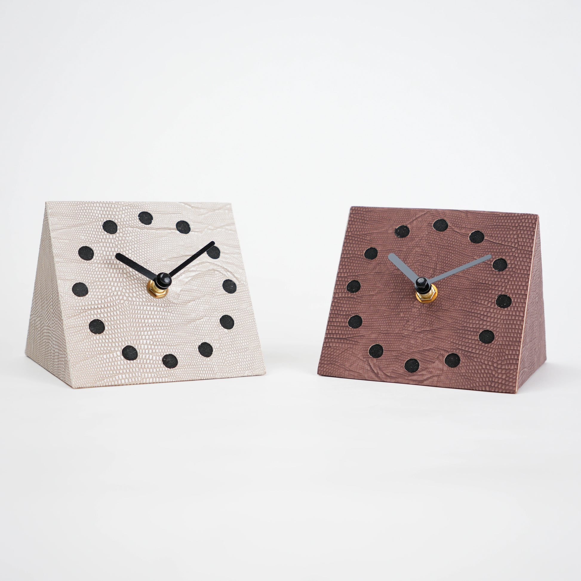Modern textured desk clock in beige and brown with angled design for home decor styling