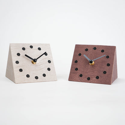 Modern textured desk clock in beige and brown with angled design for home decor styling