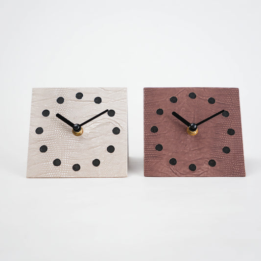 Modern textured desk clock in beige and brown with angled design for home decor styling