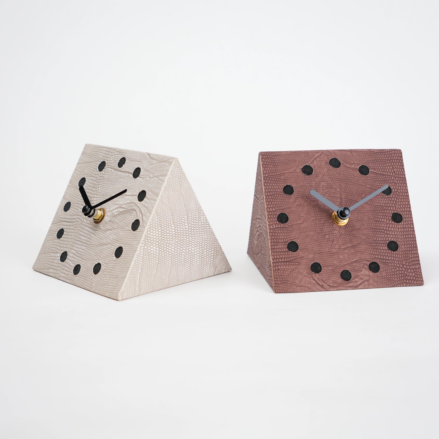 Modern textured desk clock in beige and brown with angled design for home decor styling