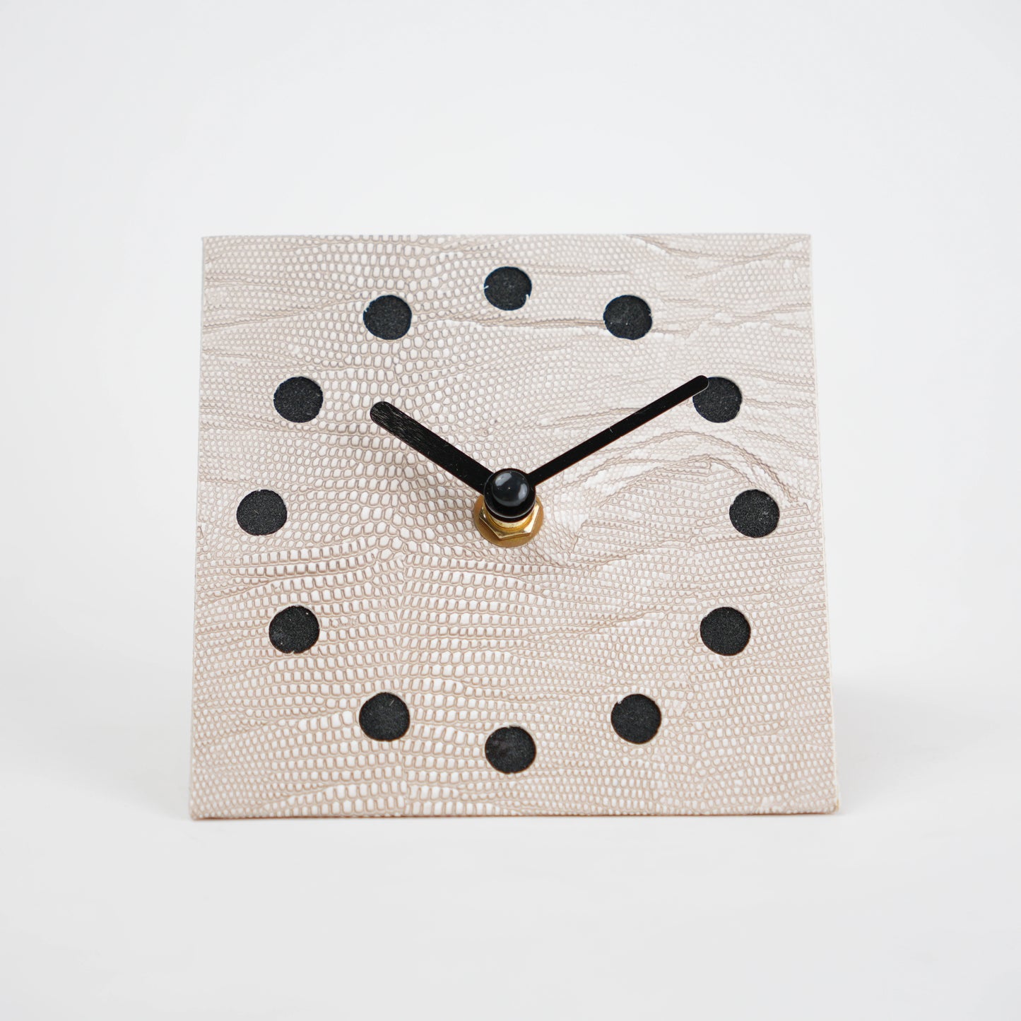 Modern textured desk clock in beige and brown with angled design for home decor styling