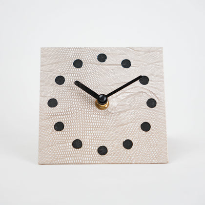 Modern textured desk clock in beige and brown with angled design for home decor styling