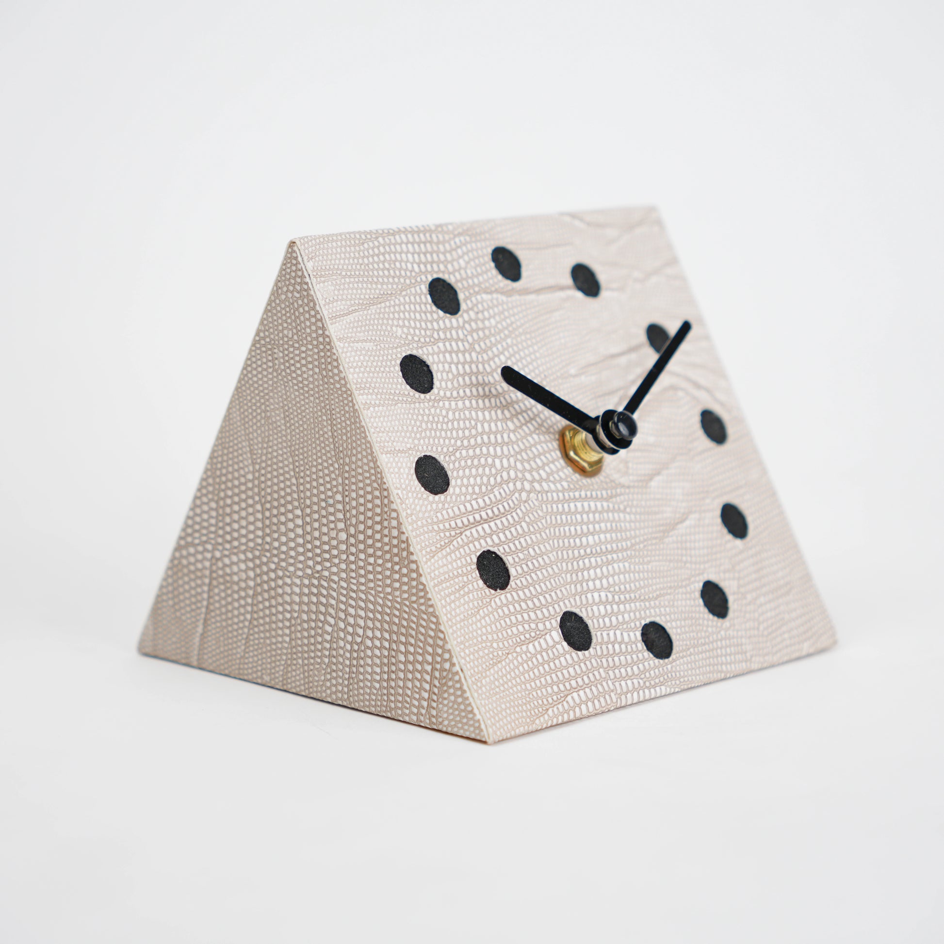 Modern textured desk clock in beige and brown with angled design for home decor styling