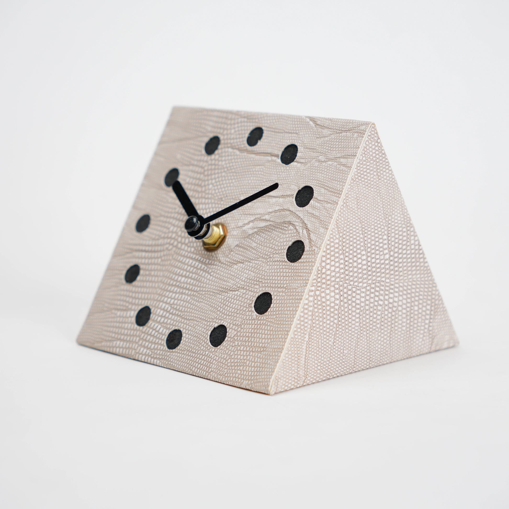 Modern textured desk clock in beige and brown with angled design for home decor styling