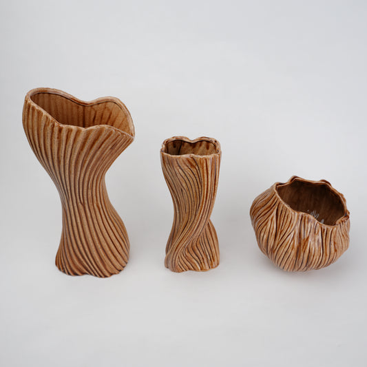 Brown textured ceramic vases with three unique shapes for modern rustic home decor styling