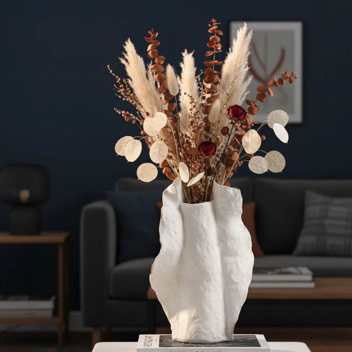 Organic Crest tall w/ pampas in navy room