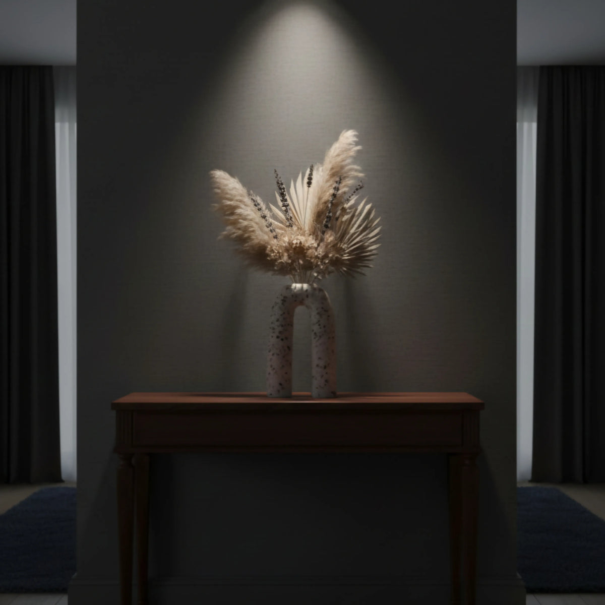 Terra Loop w/ pampas on dark wood console