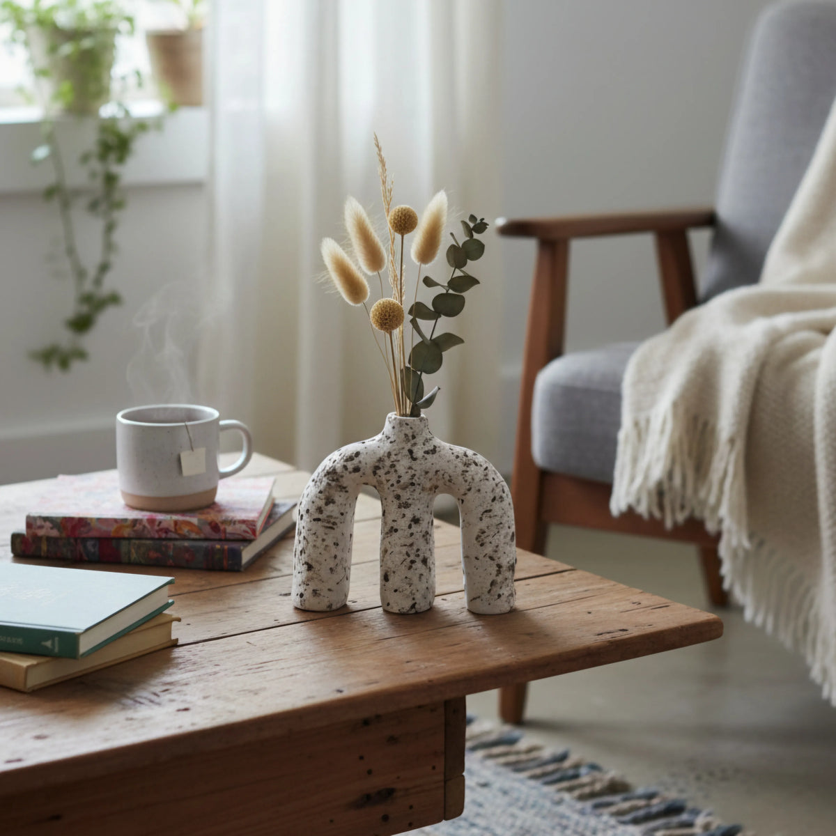 Terra Arch w/ pampas on wood coffee table