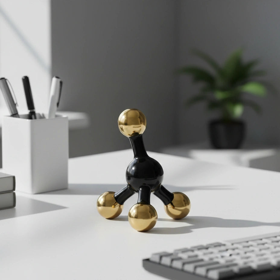 Decorative black and gold sculpture on a desk with office items in the background