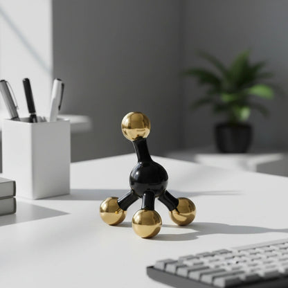 Decorative black and gold sculpture on a desk with office items in the background