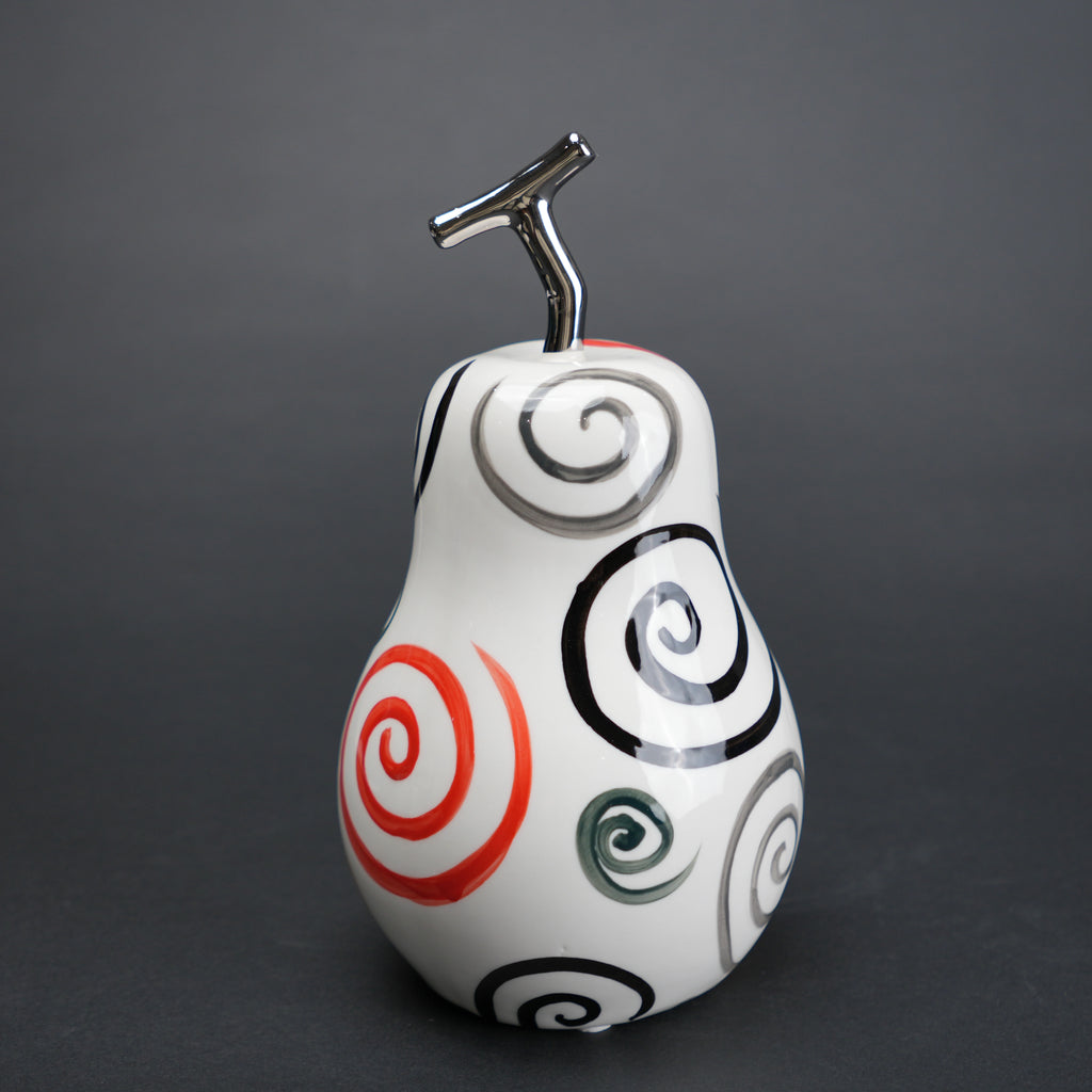 Spiral pear decor with multicolor swirl pattern and chrome stem for modern home styling