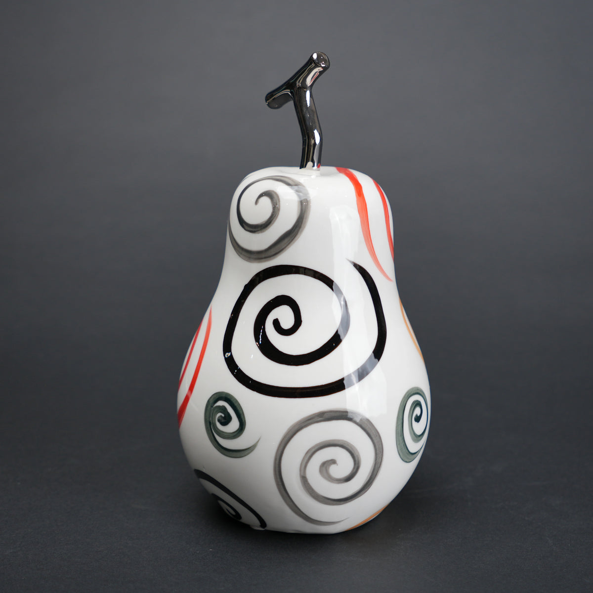 Spiral pear decor with multicolor swirl pattern and chrome stem for modern home styling