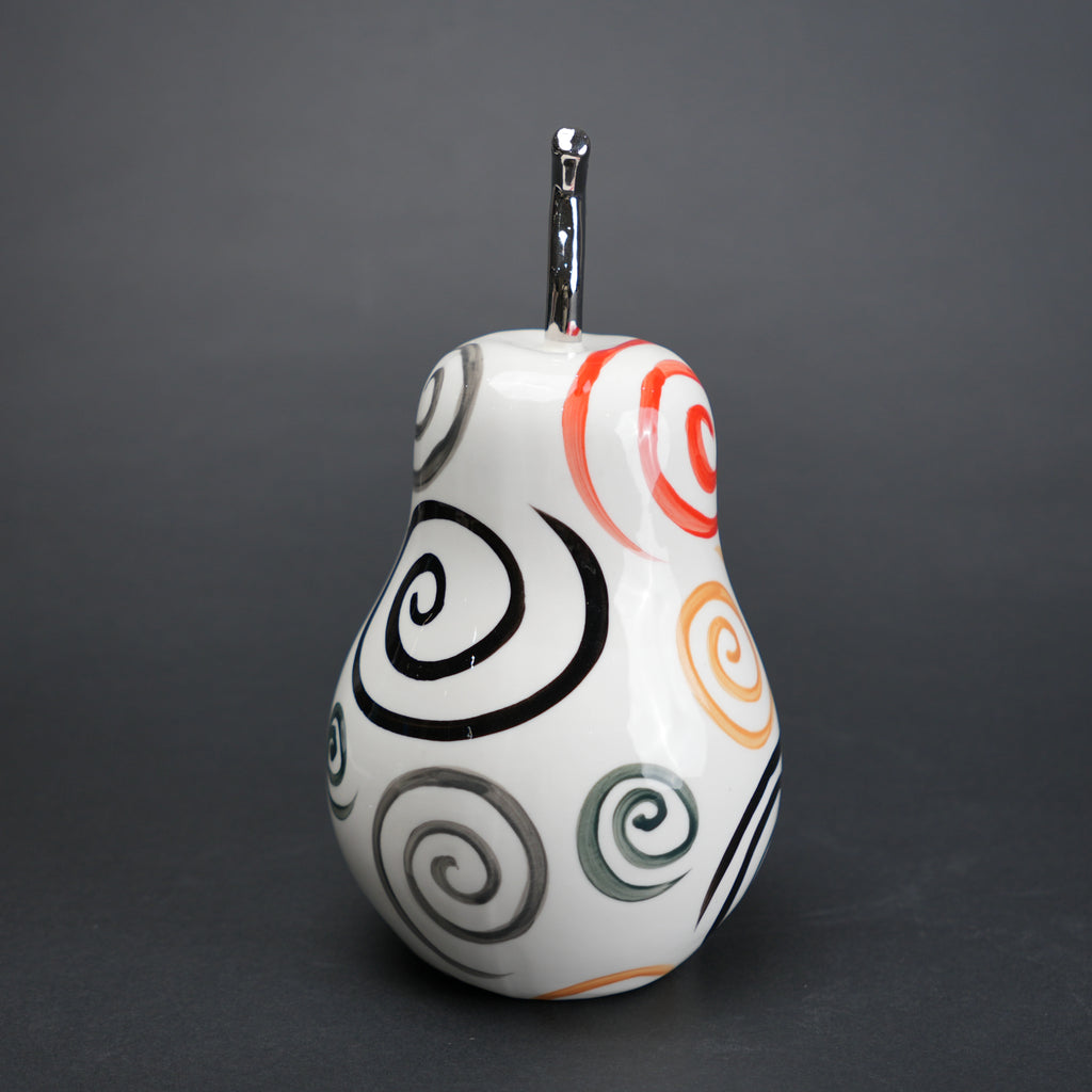 Spiral pear decor with multicolor swirl pattern and chrome stem for modern home styling