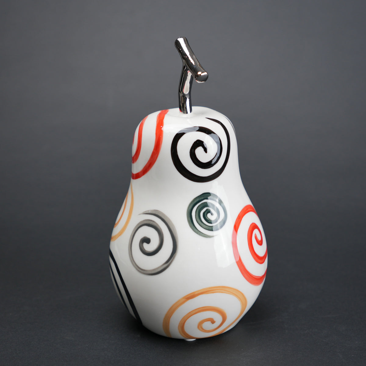 Spiral pear decor with multicolor swirl pattern and chrome stem for modern home styling