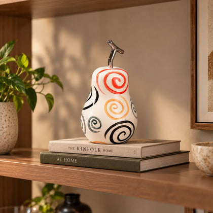 Spiral pear decor with multicolor swirl pattern and chrome stem for modern home styling