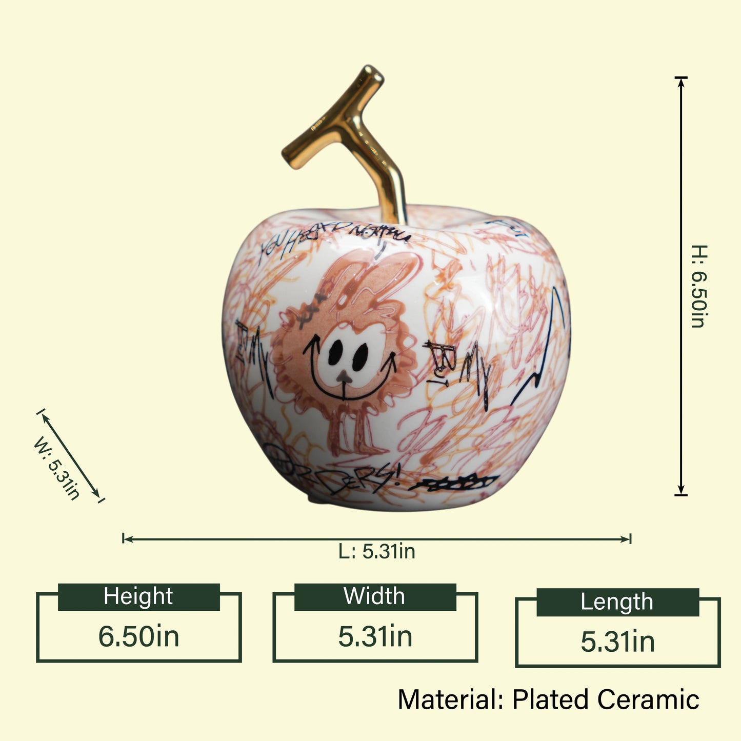 Doodle apple decor w/ lion drawing, dimensions