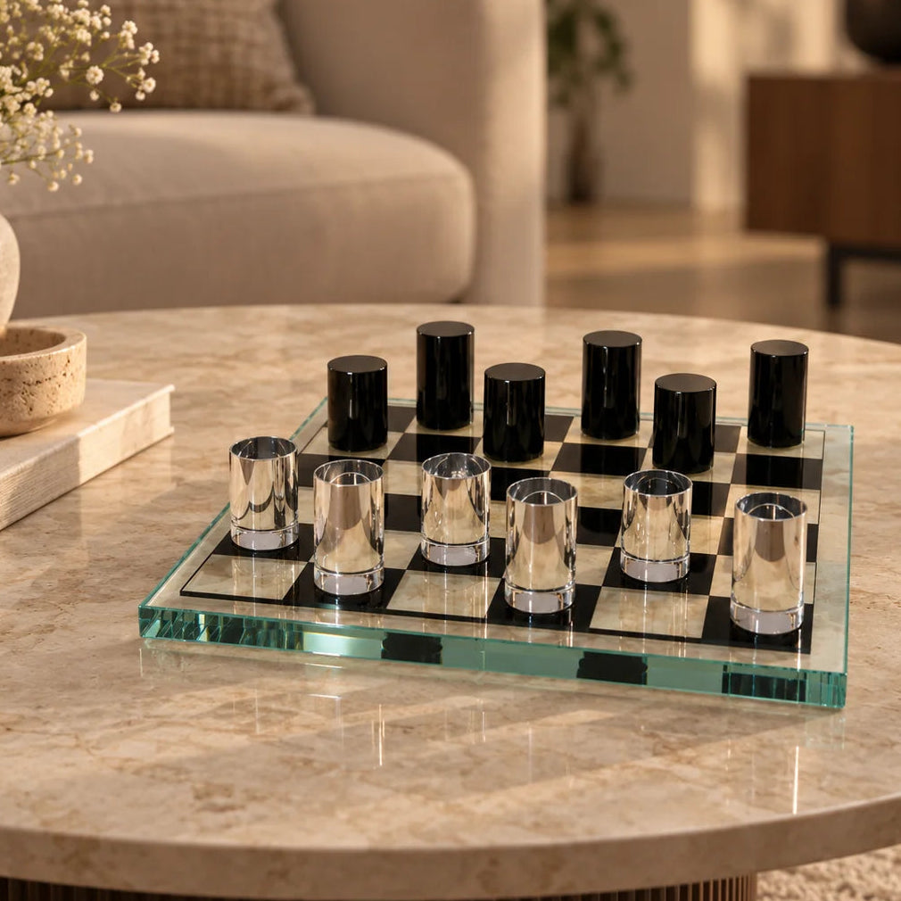 Sleek Glass Chess Set top-down lifestyle shot