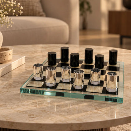 Sleek Glass Chess Set top-down lifestyle shot