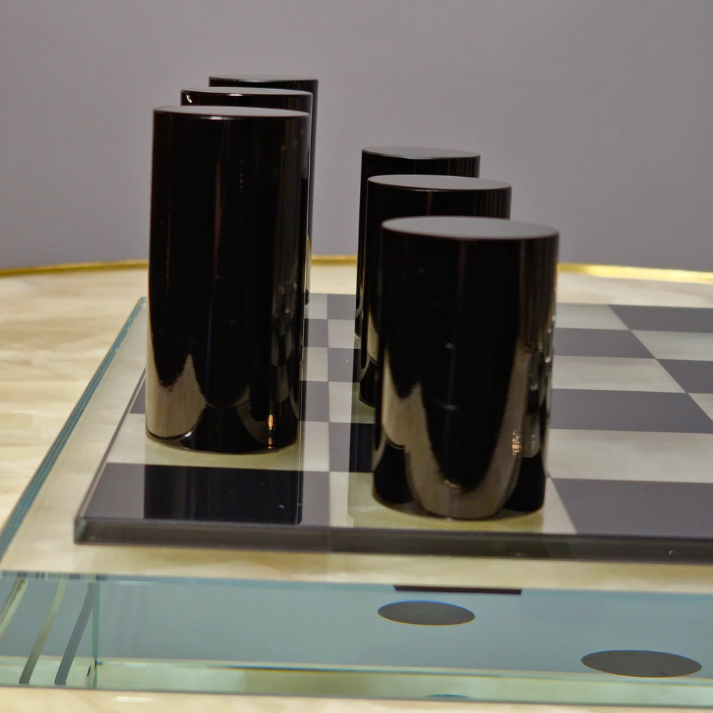 Sleek Glass Chess Set angled, beveled glass