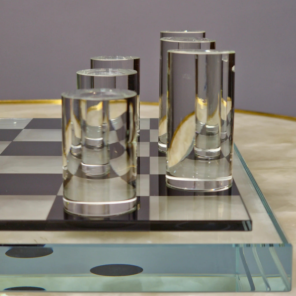 Sleek Glass Chess Set, refracting clear pieces