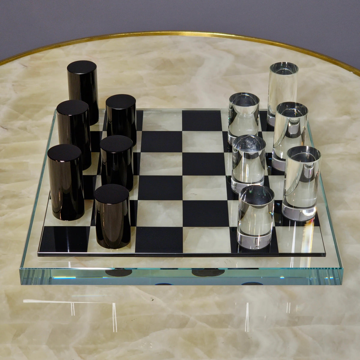 Sleek Glass Chess Set overhead, full board