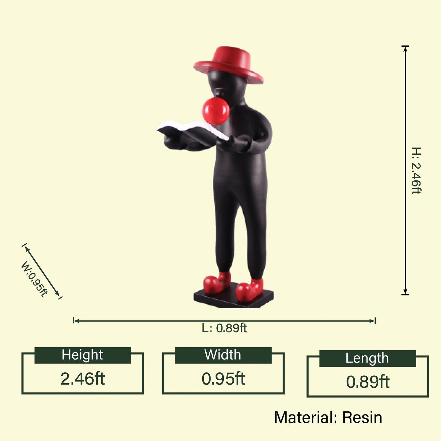 Large reader figurine, dimensioned spec sheet