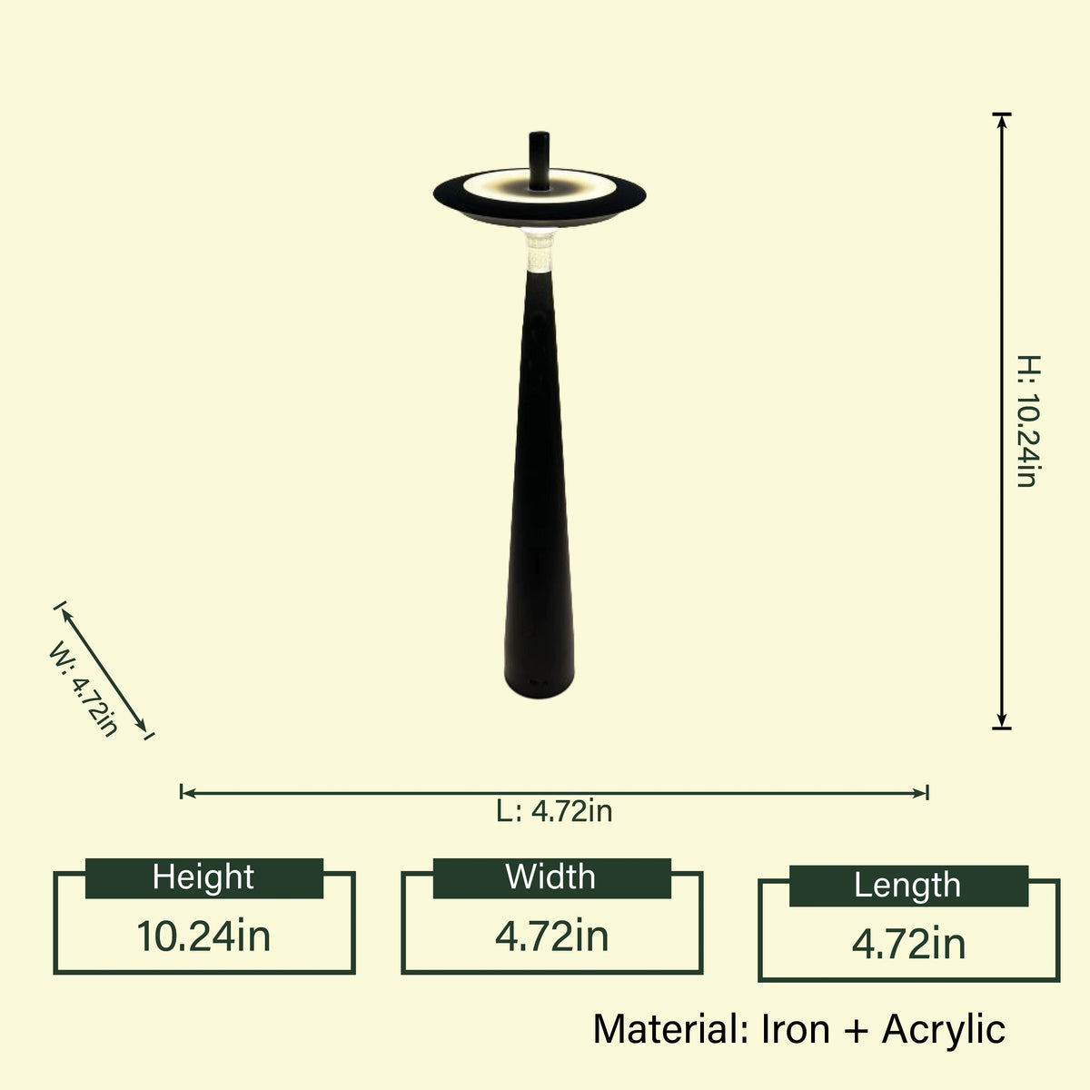 Modern cordless LED table lamp featuring a minimalist black conical base and floating circular shade, designed for ambient lighting in bedrooms, living rooms, offices, cafés and contemporary interiors.