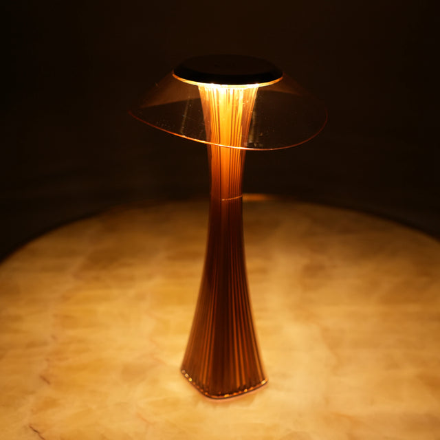 Modern brown table lamp with warm ambient glow and sleek sculpted design