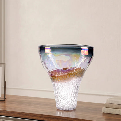 Tall bronze-rim vase, bubble base, white front