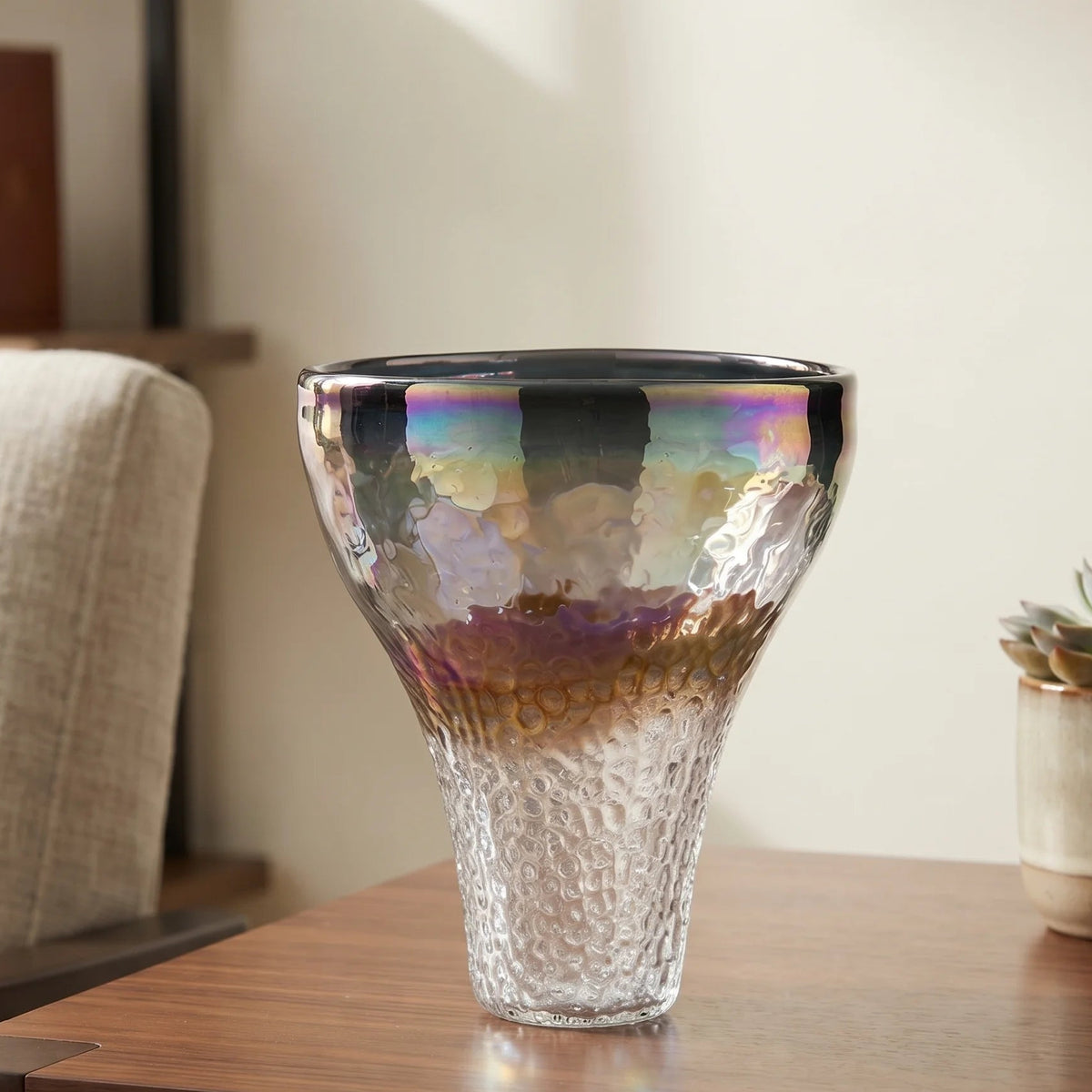 Tall bronze-rim vase, bubble base, white front