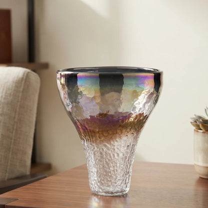 Tall bronze-rim vase, bubble base, white front