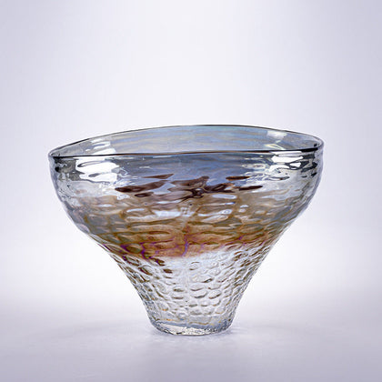 Iridescent bowl vase, amber rim, front studio