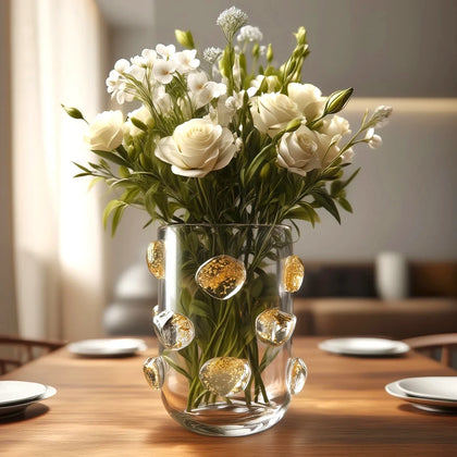 Small Pebble Luxe vase w/ roses, dining table