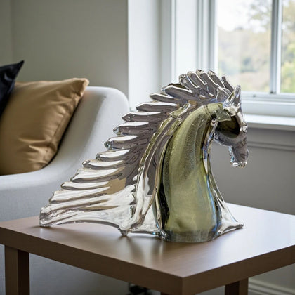 Majestic crystal horse with sculpted flowing mane in transparent glass crystal finish