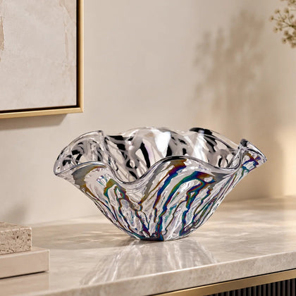 Luxury decorative art glass bowl featuring a flowing freeform silhouette with an iridescent clear finish, ideal as a modern centerpiece for coffee tables, dining tables and elegant home décor.
