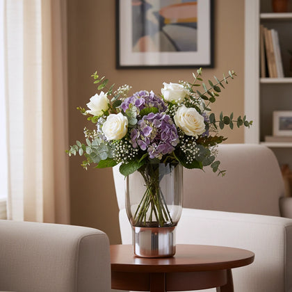 Shadow grey vase, copper base, side table