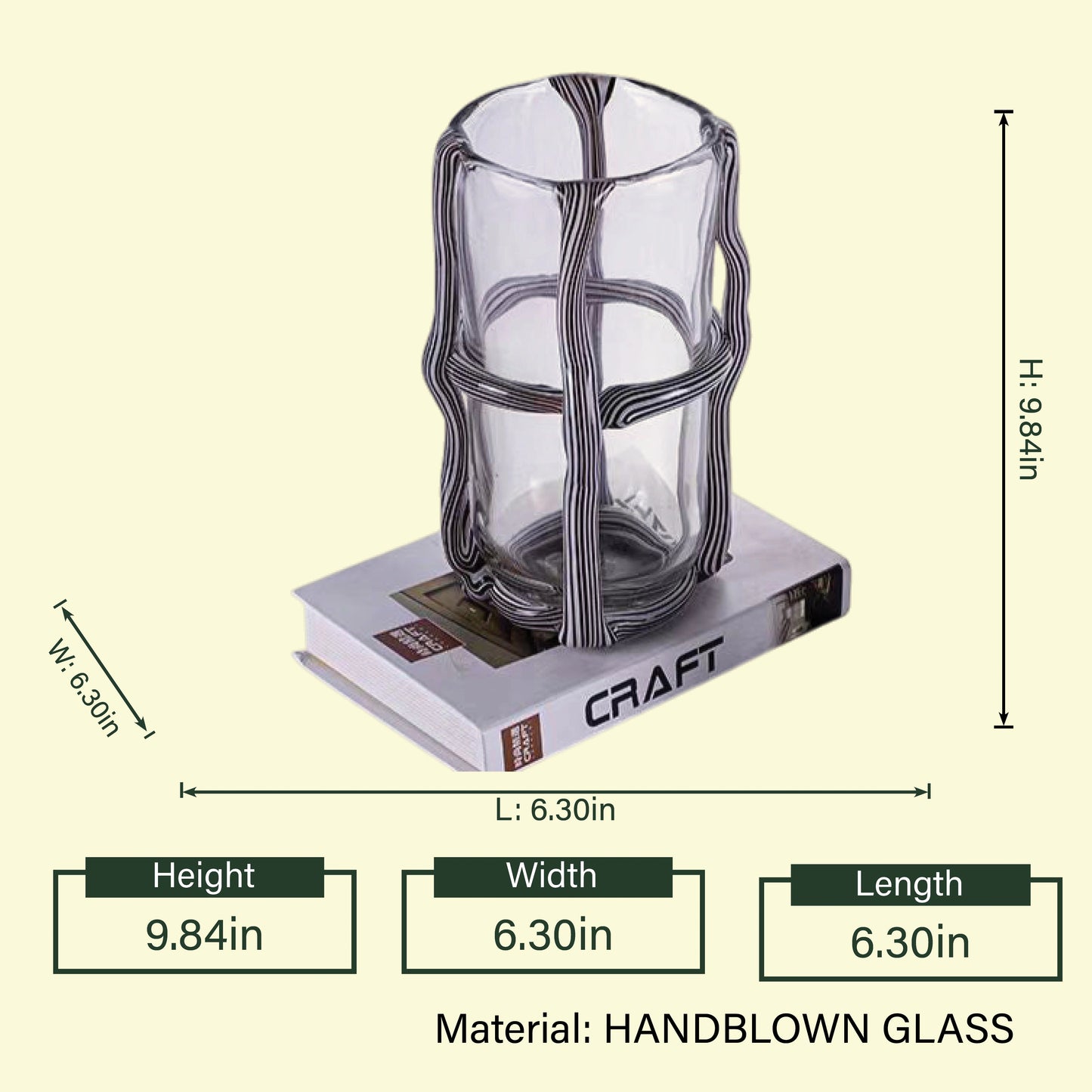 Tall ivory ribbed vase, dimension spec card