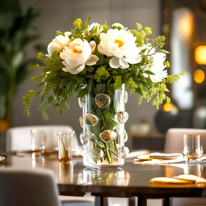 Pebble Luxe vase w/ peonies, dining room