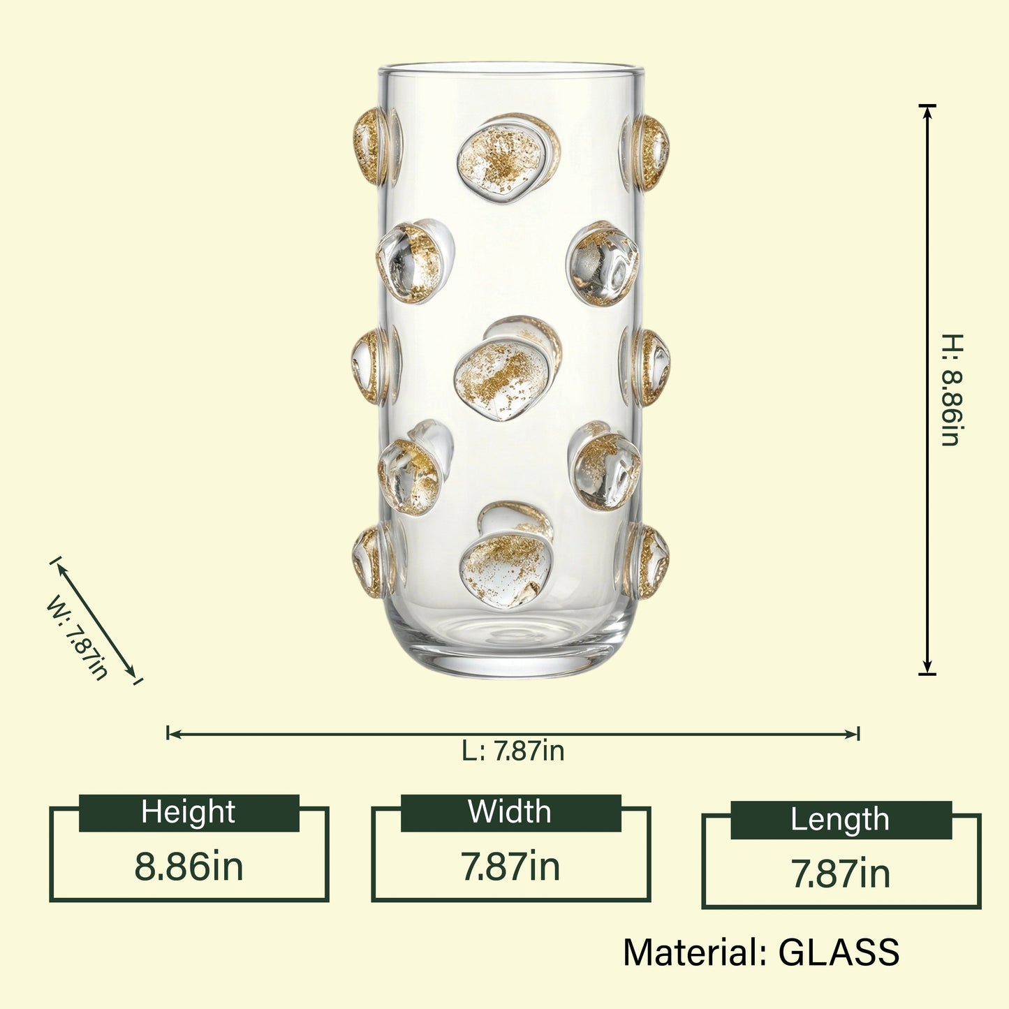 Pebble Luxe vase spec, 8.86 x 7.87in
