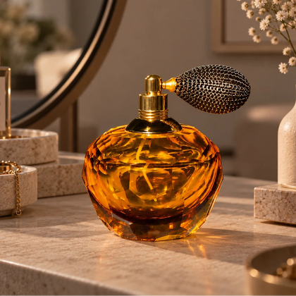 Luxury amber glass perfume sprayer accent with vintage atomizer bulb and faceted crystal-inspired detailing for elegant vanity decor
