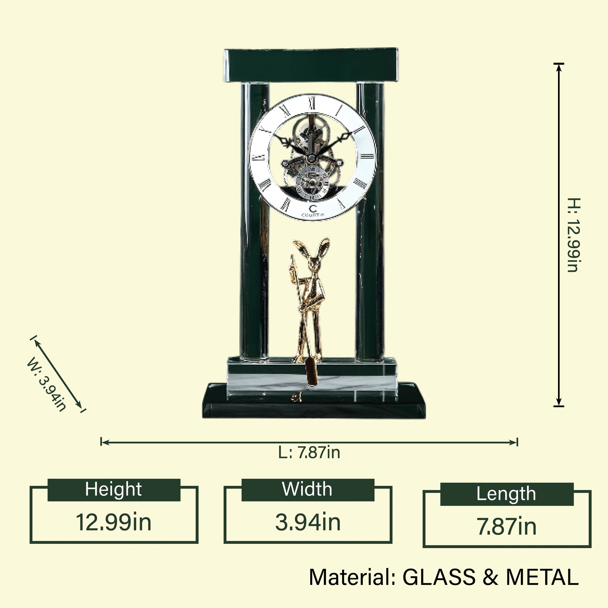 Elegant crystal table clock with skeleton mechanism and metallic rabbit figure for sophisticated contemporary interior decoration