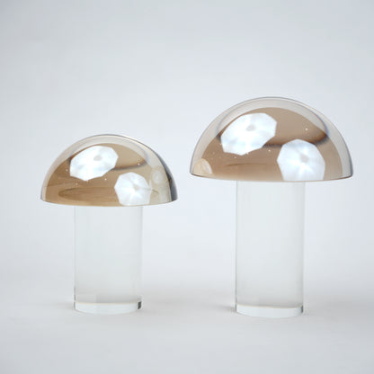 Mushroom-shaped lamp with gold top and clear base 